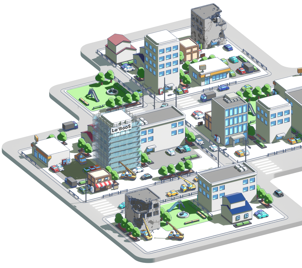 町のイラスト。建設中の建物や解体中の建物が描かれている。